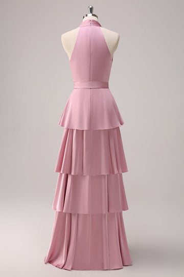Vestido de dama de honor de línea A con cabestro rosa y faja